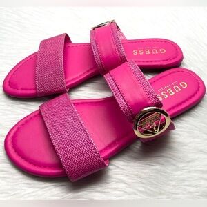 Guess Los Angeles Fuchsia and Gold Logo Flat Sandals